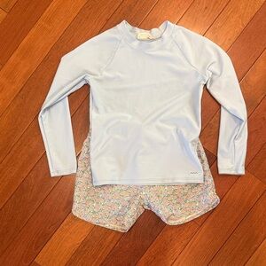J. Crew x Minnow Blue Long-Sleeve Rash Guard with Floral Swim Shorts boys 7/8